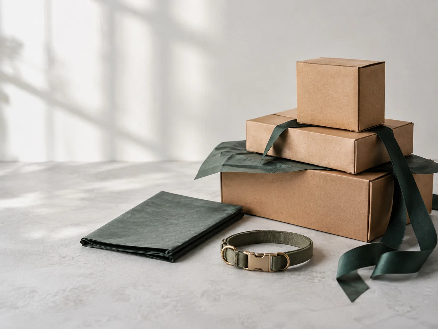 Carefully arranged unbranded parcels and a neutral pet accessory